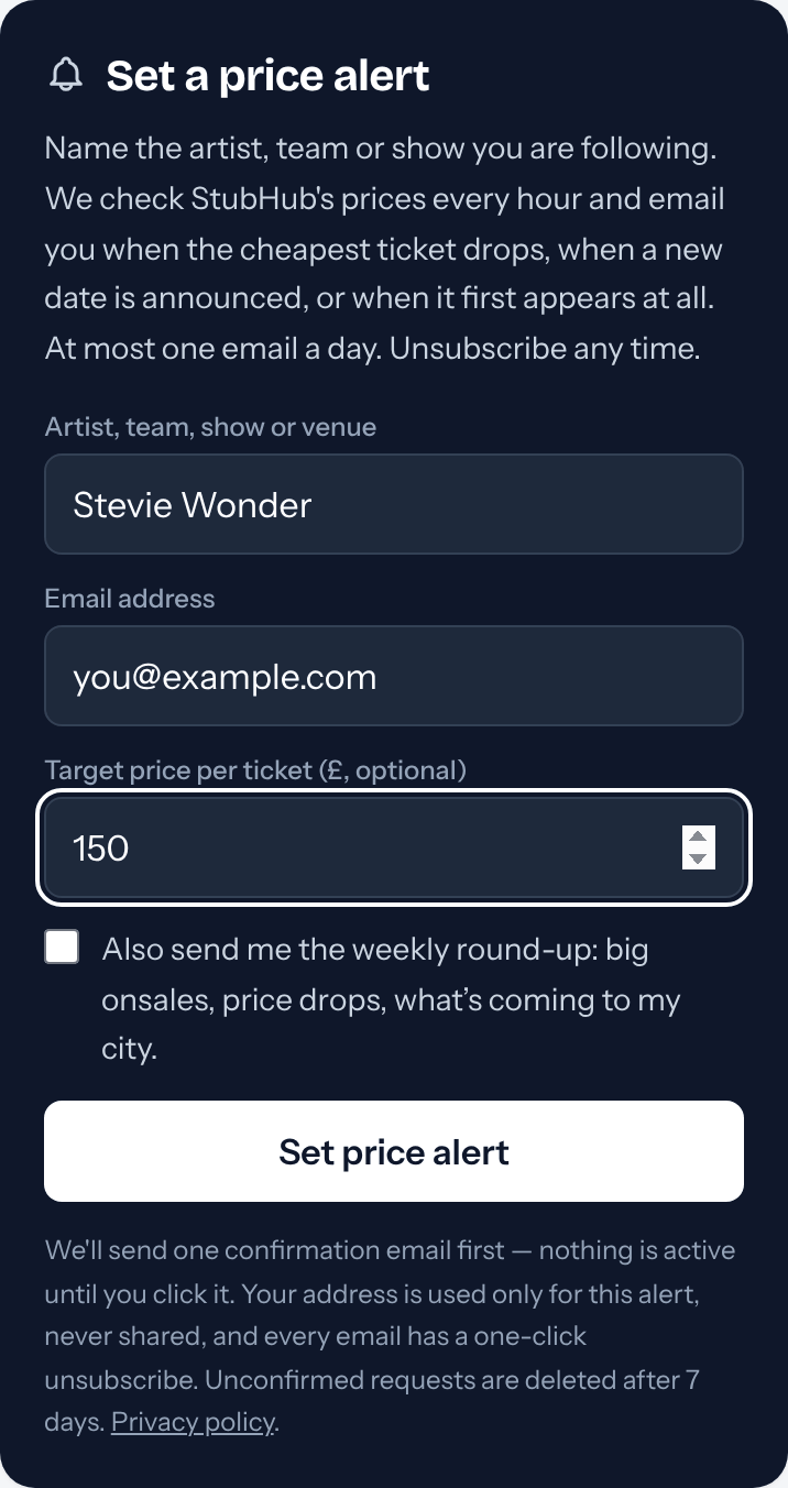 The NeedATicket price alert form filled in with Stevie Wonder, an email address and a target price of 150 pounds per ticket.